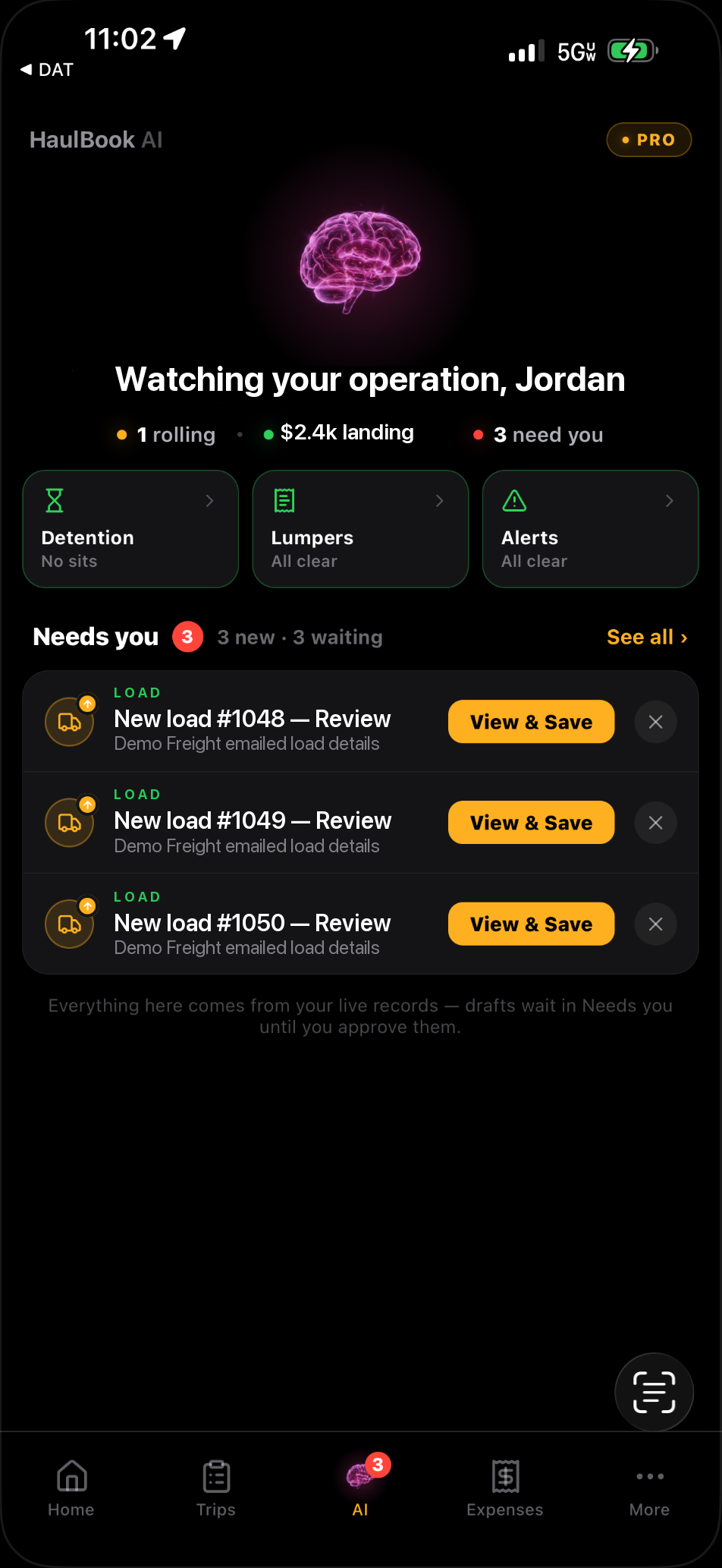 HaulBook AI Needs you queue with fictional demo records