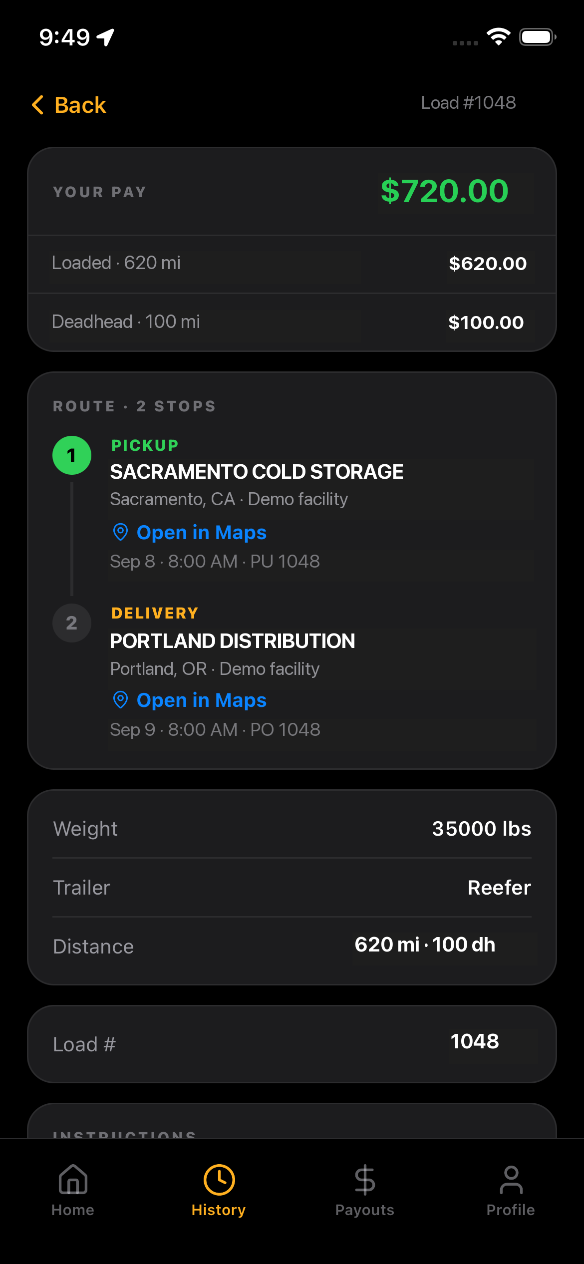 HaulBook Driver reefer load and stop details