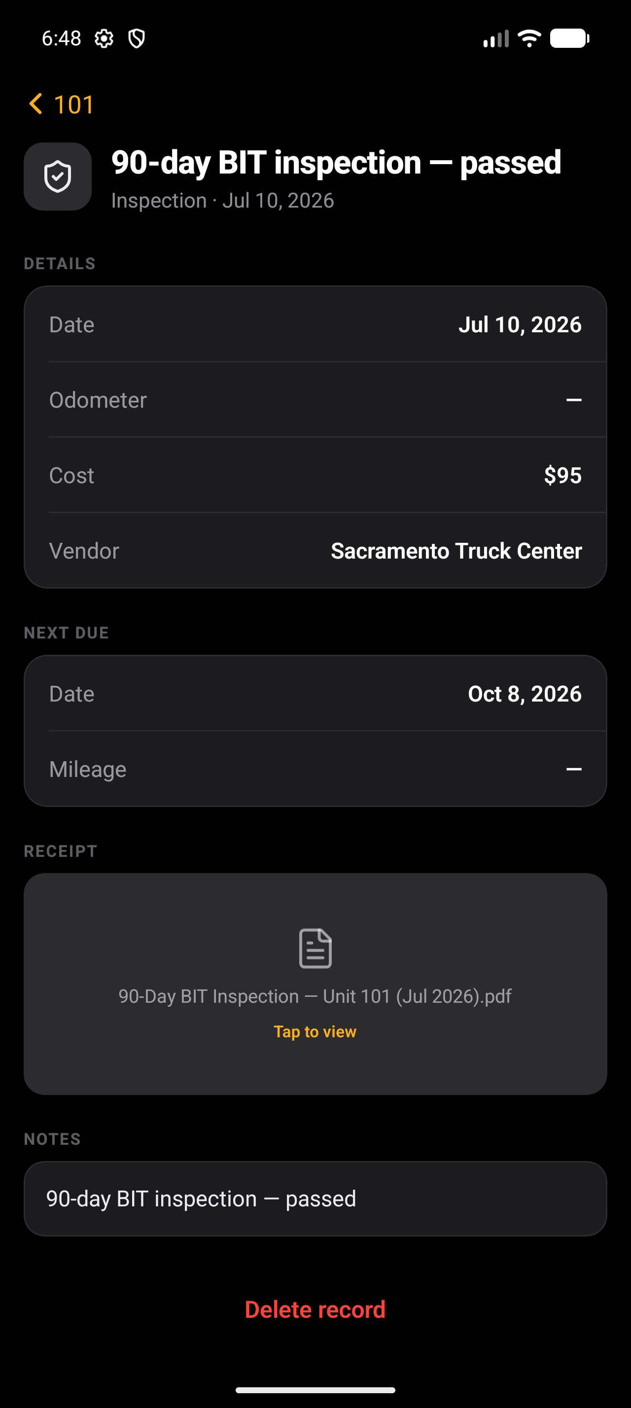 Maintenance inspection record and receipt