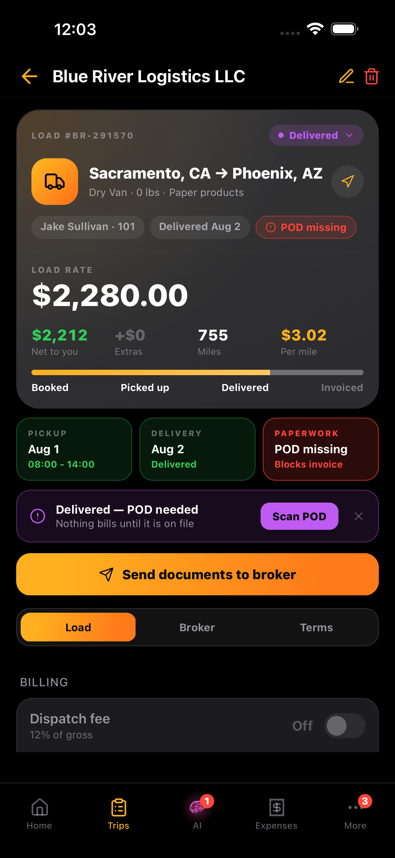 Delivered load and missing proof of delivery